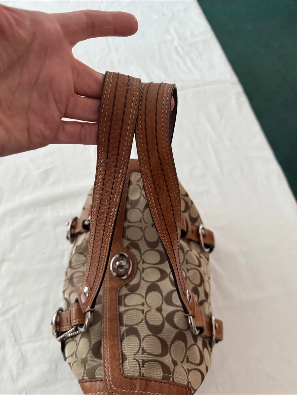 Coach Brown Signature Canvas Shoulder Bag with Tan Leather Trim